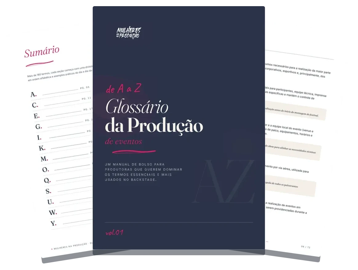 Ebook Glossário da Produção de Eventos aberto, com capa, sumário e página da letra A
